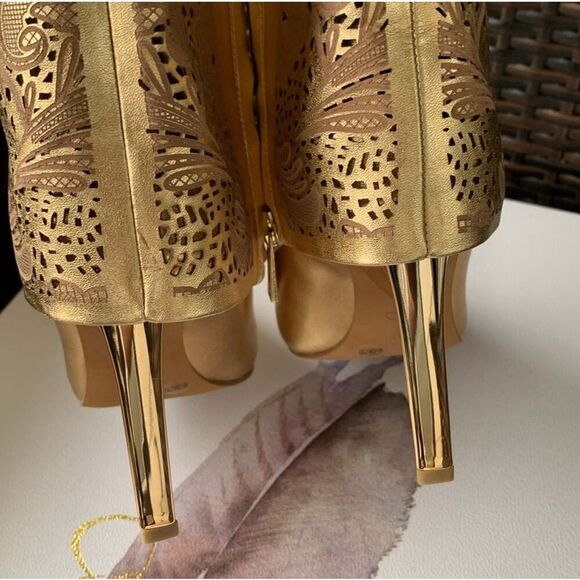 Jessica Simpson BRYKIA2 Gold Hollow Out Pointed Toe Knee High Western Boots - Picture 11 of 12